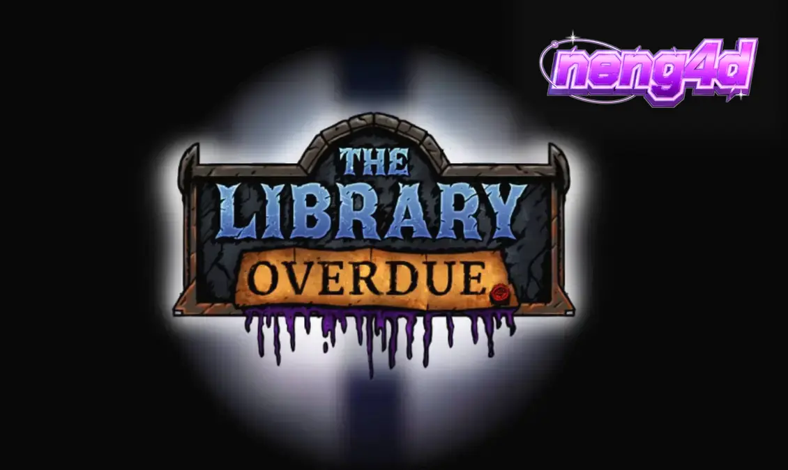 Tampilan visual slot The Library Overdue dengan nuansa gothic dan perpustakaan gelap